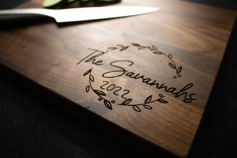 Floral Wreath Family Name Engraved Wood Cutting Board | 227