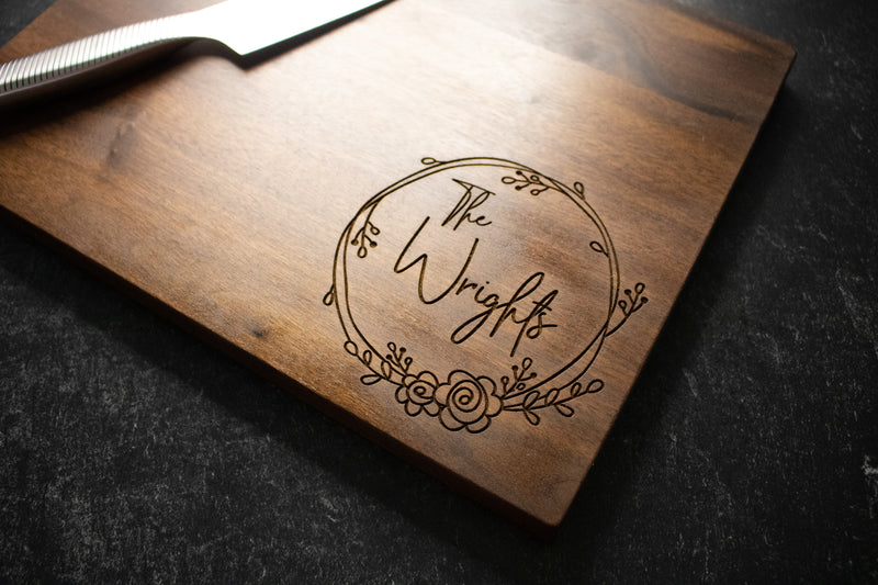 Floral Wreath Family Name Engraved Wood Cutting Board | 225