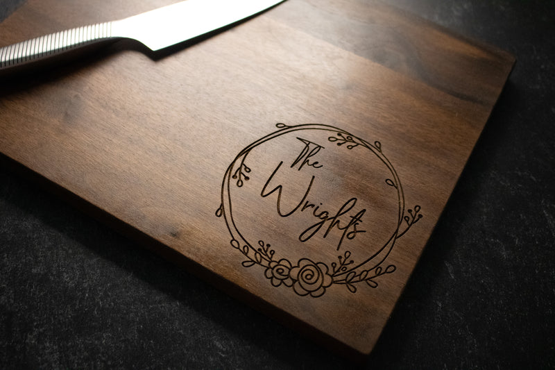 Floral Wreath Family Name Engraved Wood Cutting Board | 225