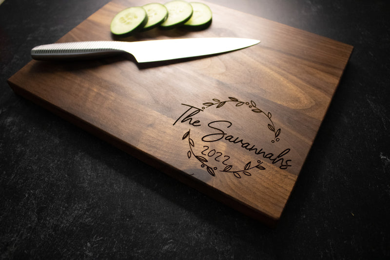 Floral Wreath Family Name Engraved Wood Cutting Board | 227